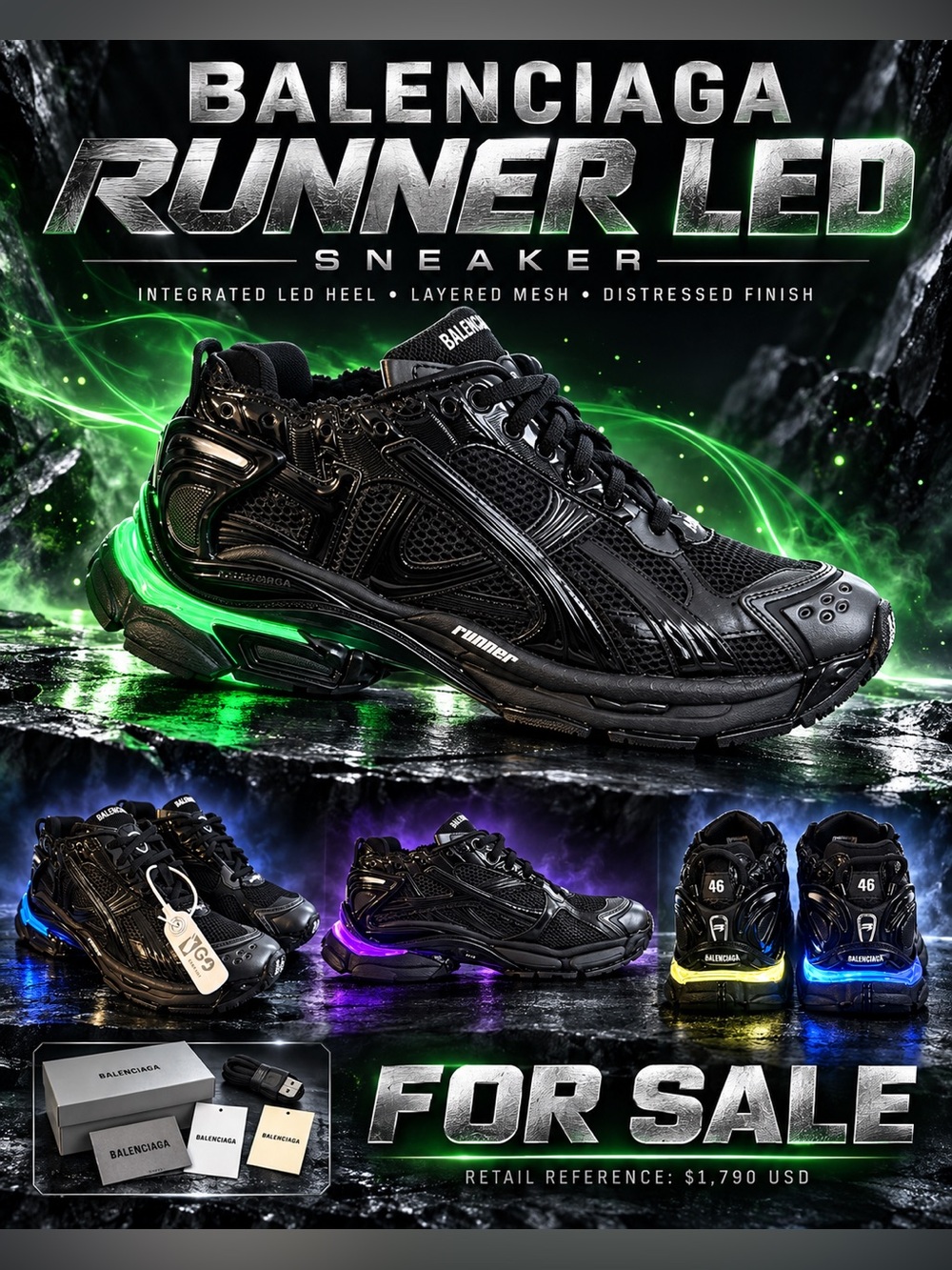 Balenciaga Runner Black LED Shoes with a vibrant glowing LED heel unit🔥🔥🔥New!